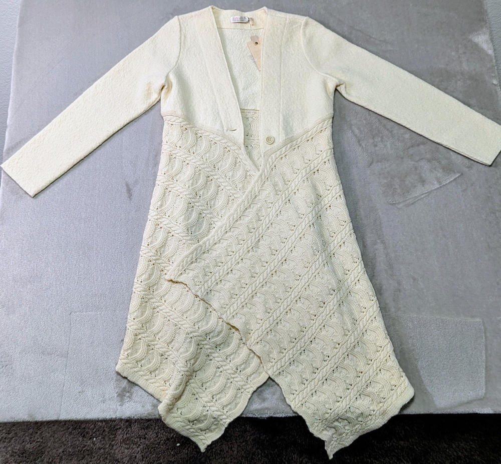 Fisherman Out Of Ireland Cardigan Womens Small White Wool Cable Knit Duster
